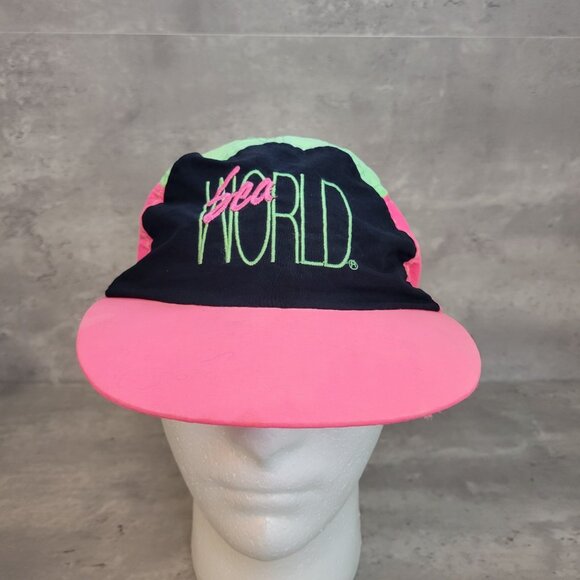 Vintage Sea World 5 Panel Cap Hat 90's Neon Hook & Loop Closure - Picture 1 of 9
